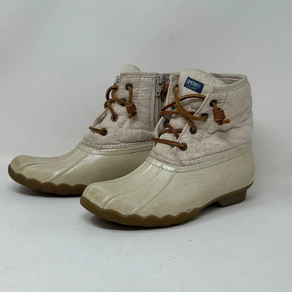 Sperry Top-Sider Quilted Rubber Duck Boots Beige‎ Lace Up Side Zip Girls US 3M